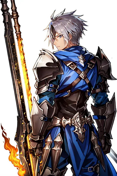 ((best quality)), ((masterpiece)), (detailed), alphen, solo, simple background, 1boy, white background, weapon, male focus, sword, from behind, armor, weapon on back, glowing sword, <lora:alp_chara-10:0.6>