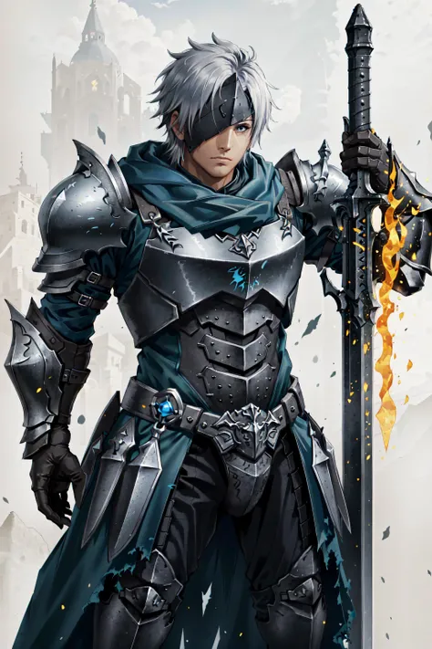 ((best quality)), ((masterpiece)), (detailed), alphen, eyepatch, solo, simple background, 1boy, white background, weapon, male focus, sword, black armor, weapon on back, glowing sword, <lora:alp_chara-10:0.6>