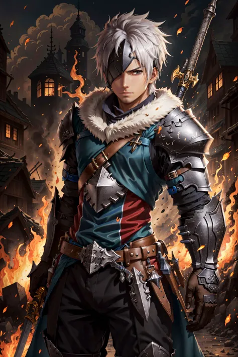 ((best quality)), ((masterpiece)), (detailed), alphen, eyepatch, solo, burning city background, 1boy, weapon, male focus, sword, black armor, weapon on back, glowing sword, <lora:alp_chara-10:0.6>