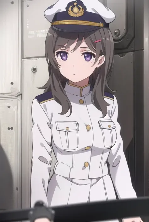 chinamoeka, <lora:china moeka s1-lora-nochekaiser:1>,
china moeka, long hair, brown hair, (purple eyes:1.1),
BREAK hair ornament, hat, hairclip, uniform, military, military uniform, peaked cap, naval uniform, (white uniform:1.5),
BREAK outdoors, ship, navy,
BREAK looking at viewer, (cowboy shot:1.5),
BREAK <lyco:GoodHands-beta2:1>, (masterpiece:1.2), best quality, high resolution, unity 8k wallpaper, (illustration:0.8), (beautiful detailed eyes:1.6), extremely detailed face, perfect lighting, extremely detailed CG, (perfect hands, perfect anatomy),
