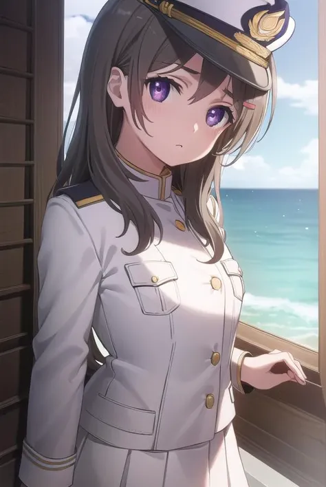 chinamoeka, <lora:china moeka s1-lora-nochekaiser:1>,
china moeka, long hair, brown hair, (purple eyes:1.1),
BREAK hair ornament, hat, hairclip, uniform, military, military uniform, peaked cap, naval uniform, (white uniform:1.5),
BREAK outdoors, ship, navy,
BREAK looking at viewer, (cowboy shot:1.5),
BREAK <lyco:GoodHands-beta2:1>, (masterpiece:1.2), best quality, high resolution, unity 8k wallpaper, (illustration:0.8), (beautiful detailed eyes:1.6), extremely detailed face, perfect lighting, extremely detailed CG, (perfect hands, perfect anatomy),