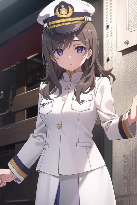 chinamoeka, <lora:china moeka s1-lora-nochekaiser:1>,
china moeka, long hair, brown hair, (purple eyes:1.1),
BREAK hair ornament, hat, hairclip, uniform, military, military uniform, peaked cap, naval uniform, (white uniform:1.5),
BREAK outdoors, ship, navy,
BREAK looking at viewer, (cowboy shot:1.5),
BREAK <lyco:GoodHands-beta2:1>, (masterpiece:1.2), best quality, high resolution, unity 8k wallpaper, (illustration:0.8), (beautiful detailed eyes:1.6), extremely detailed face, perfect lighting, extremely detailed CG, (perfect hands, perfect anatomy),
