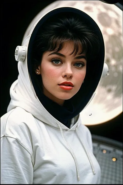 photo of beautiful (J3nn4J4m3s0nV2-140:0.99), blonde, a woman, perfect hair, surprised, (modern photo), wearing hoodie and sweatpants, portrait, 85mm, (analog, cinematic, film grain:1.3), (Lunar Colony, Self-sustaining moon colony with domed structures, lunar rovers, spaceports, and Earthrise views.), detailed eyes, professional pose, painted lips, (epiCPhoto), (looking at viewer:1.1), (cinematic shot:1.3), (natural lighting, lit from above), <lora:add_detail:0.5>