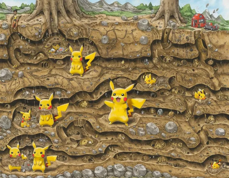 detailed, (cross-section of a pikachu warren:1.2), several tiny pikachus (underground), <lora:pikachu:0.35>, <lora:warren_0002_sdxl:1> , <lora:add-detail-xl:1>,