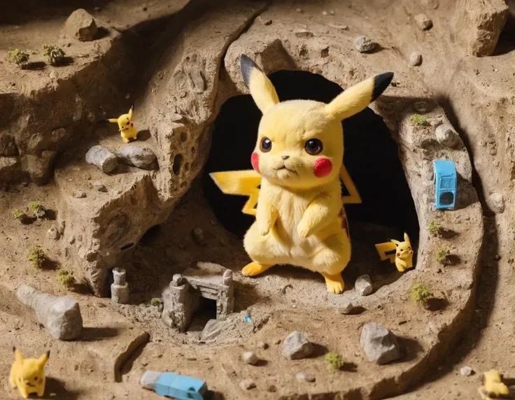 detailed, (cross-section, miniature model:1.2) of a Pikachu (warren:1.2), (several tiny pikachus underground), <lora:warren_0002_sdxl:1> , <lora:add-detail-xl:1>, <lora:Microverse_Creator_sdxl:0.75>, , incredibly detailed, a microscopic photo, photorealism, <lora:pikachu:0.25>,
