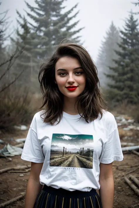 photo of beautiful (D3m1Fr4y-130:0.99), a woman, perfect hair, laughing, (modern photo), wearing a (crew neck t-shirt:1.2) and long pants with jewelry, portrait, 85mm, (analog, cinematic, film grain:1.3), (Post-Apocalyptic Wasteland, Desolate landscape with crumbling structures, overgrown flora, and polluted sky.), detailed eyes, professional pose, painted lips, (epiCPhoto), (looking at viewer:1.1), (cinematic shot:1.3), (natural lighting, lit from above), <lora:add_detail:0.5>