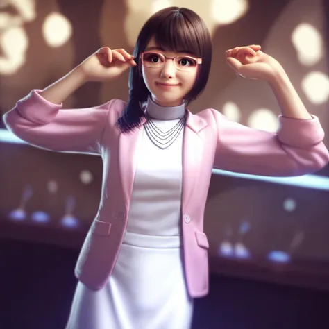 score_9_up, score_8_up, score_7_up, score_6_up, score_5_up, score_4_up, yuki_kiwami2, glasses, brown eyes, pink jacket, white turtleneck dress, necklace, black pantyhose, cute smile, in a nightclub