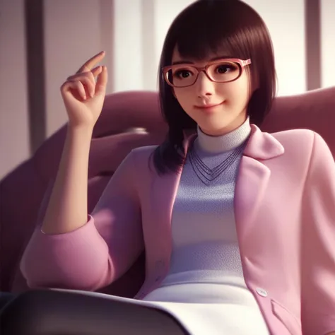 score_9_up, score_8_up, score_7_up, score_6_up, score_5_up, score_4_up, yuki_kiwami2, glasses, brown eyes, pink jacket, white turtleneck dress, necklace, black pantyhose, cute smile, lounging in a chair