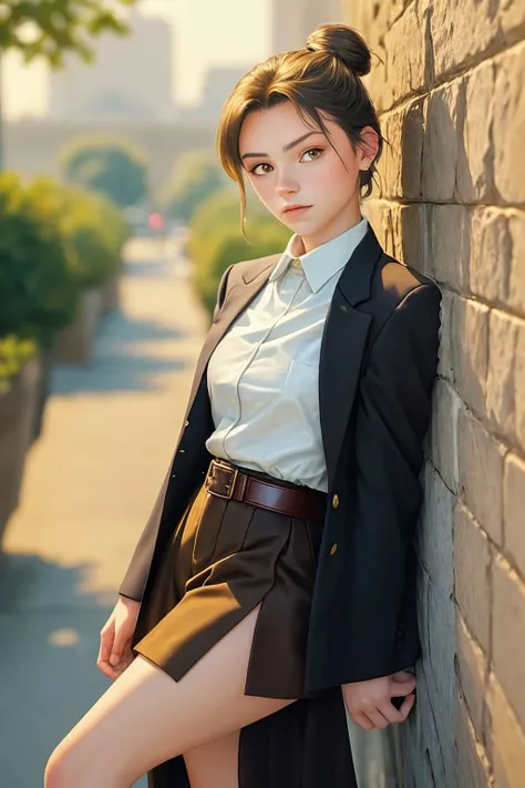 (high angle, headshot:1.2) photo of <lora:SavannahRaeDemers_v1:1> SavannahRaeDemers, she is wearing tailcoat , she is wearing leg belt, her hair is styled as low rolled bun, BREAK she is (leaning on a wall:1.1), warm golden hour lighting, Voigtlnder Nokton 50mm f1.1 ,Kodak Vision3 IMAX ,shot on ALEXA 65 ,soft focus,