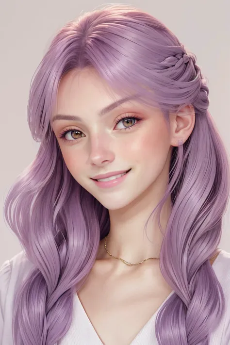 <lora:SavannahRaeDemers_v1:1> SavannahRaeDemers, focus on eyes, close up on face, huge smile, pale lilac color hair styled Straight Dutch Braid