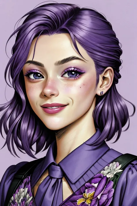 (comic, graphic illustration, comic art, graphic novel art, vibrant, highly detailed:1.15), <lora:sd15_SavannahRaeDemers_v2:.9> SavannahRaeDemers, focus on eyes, close up on face, huge smile, lavender indigo color hair styled french twist, desaturated grunge filter
