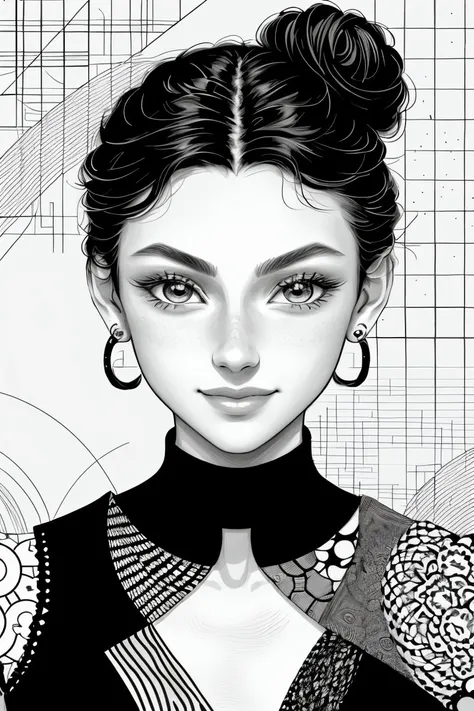 (generative art style, algorithmic, complex, patterned, detailed:1.15), <lora:sd15_SavannahRaeDemers_v2:.9> SavannahRaeDemers, focus on eyes, close up on face, grinning, wearing jewelry, hair styled vintage bun, black and white