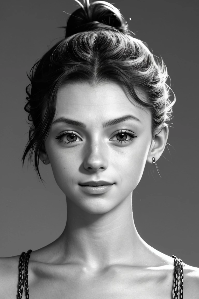 photo of <lora:sd15_SavannahRaeDemers_v2:.9> SavannahRaeDemers, focus on eyes, close up on face, smiling, hair styled sleek low bun hair, desaturated grunge filter