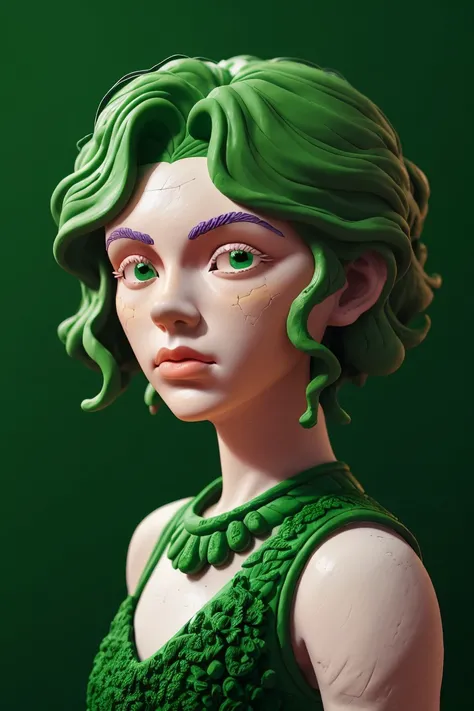 (play-doh style, sculpture, clay art, centered composition, Claymation:1.15), <lora:sd15_SavannahRaeDemers_v2:.9> SavannahRaeDemers, focus on eyes, close up on face, pouting, malachite green color hair styled big textured curls,