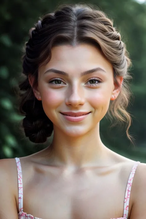 breathtaking, award-winning, professional, highly detailed, photo of <lora:sd15_SavannahRaeDemers_v2:.9> SavannahRaeDemers, focus on eyes, close up on face, huge smile, Dark salmon color hair styled Curly Milkmaid Braid,