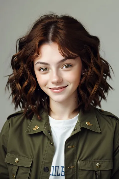 headshot photo of <lora:sd15_SavannahRaeDemers_v2:.9> SavannahRaeDemers, focus on smiling face, wearing a military uniform , her Amber color hair is styled as curly layers,