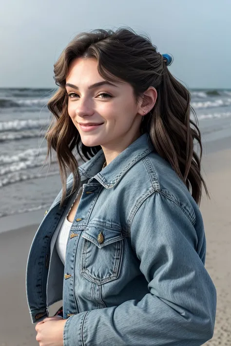 breathtaking, award-winning, professional, highly detailed, close range photo of <lora:sd15_SavannahRaeDemers_v2:.9> SavannahRaeDemers, focus on smiling face, side view wearing a jean jacket , her hair is styled as beach waves,
