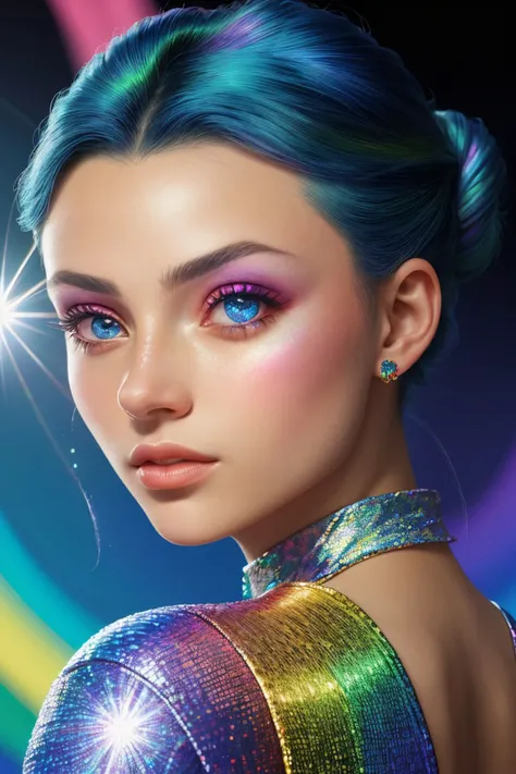 (holographic style, rainbow, shimmer, 3D effect, detailed:1.15), <lora:sd15_SavannahRaeDemers_locon_64_v1-000006:1> SavannahRaeDemers, focus on eyes, close up on face, wearing jewelry, brandeis blue color hair styled as rope braid rolled bun, lens flare