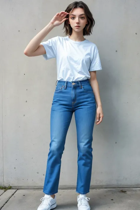 (full body shot:1.4), <lora:sd15_SavannahRaeDemers_v2:.9> SavannahRaeDemers wearing a t-shirt and jeans