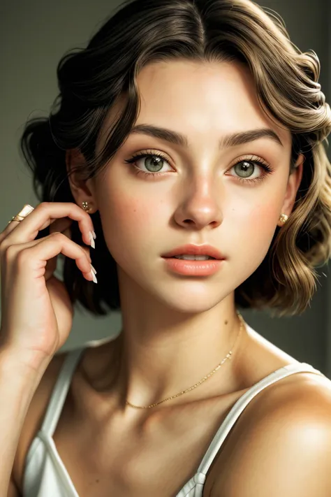 realistic photo of <lora:sd15_SavannahRaeDemers_locon_64_v1-000006:1> SavannahRaeDemers, focus on eyes, close up on face, wearing jewelry, light khaki hair styled as finger waves lob hair, vignette