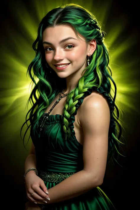 chiaroscuro portrait, high contrast, dramatic, Rembrandt lighting, (medium shot:1.4), realistic photo of <lora:sd15_SavannahRaeDemers_locon_64_v1-000006:1> SavannahRaeDemers, huge smile, vibrant green color hair styled as four-strand braid