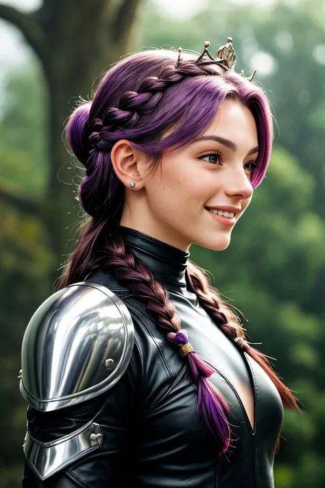 close range of realistic photo of <lora:sd15_SavannahRaeDemers_locon_64_v1-000006:1> SavannahRaeDemers, focus on smiling face, side view wearing leather armor , her amethyst color hair is styled as Straight Braid Crown,