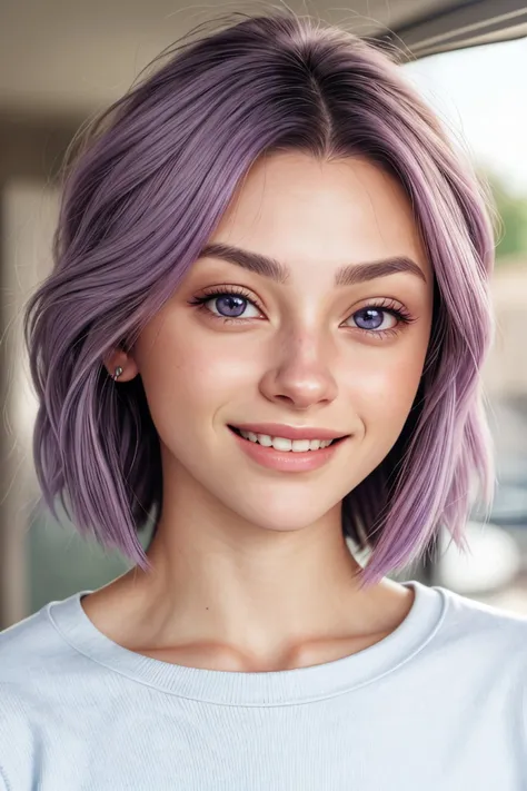 photorealistic rendering, detailed, realistic, high definition, realistic photo of <lora:sd15_SavannahRaeDemers_locon_64_v1-000006:1> SavannahRaeDemers, focus on eyes, close up on face, smiling, lilac color hair styled as blunt bob hair,