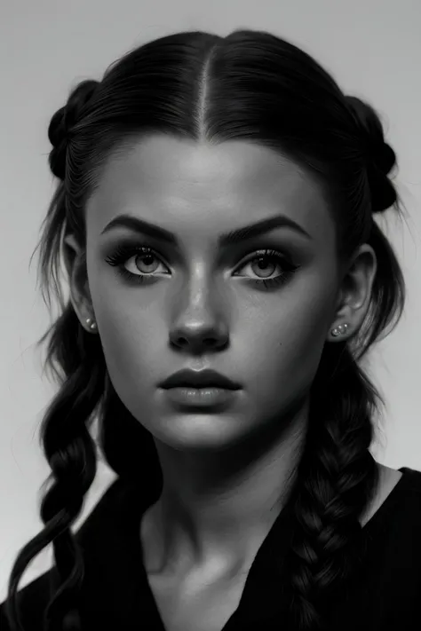 (film noir style, black and white, high contrast, mystery, detailed:1.15), <lora:sd15_SavannahRaeDemers_locon_64_v1-000006:1> SavannahRaeDemers, focus on eyes, close up on face, pouting, Peach rose color hair styled as side braid hair, desaturated grunge filter