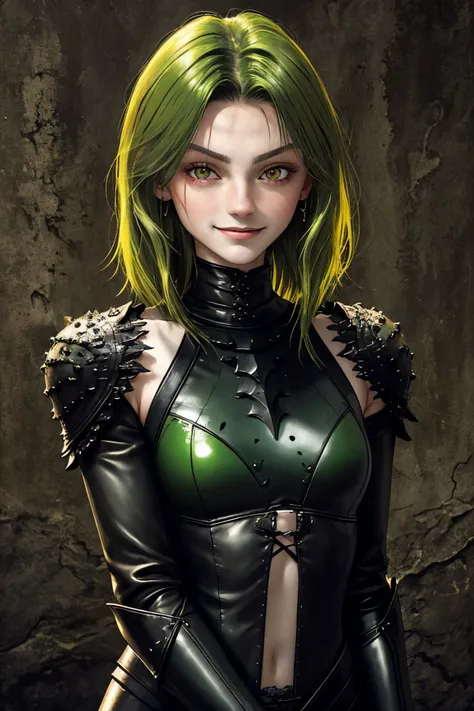 gothic rendition of, dark, macabre, highly detailed, brooding headshot <lora:SavannahRaeDemers_v1:1> SavannahRaeDemers, focus on smiling face, wearing leather armor , her pistachio green color hair is styled as Straight Wet Look,