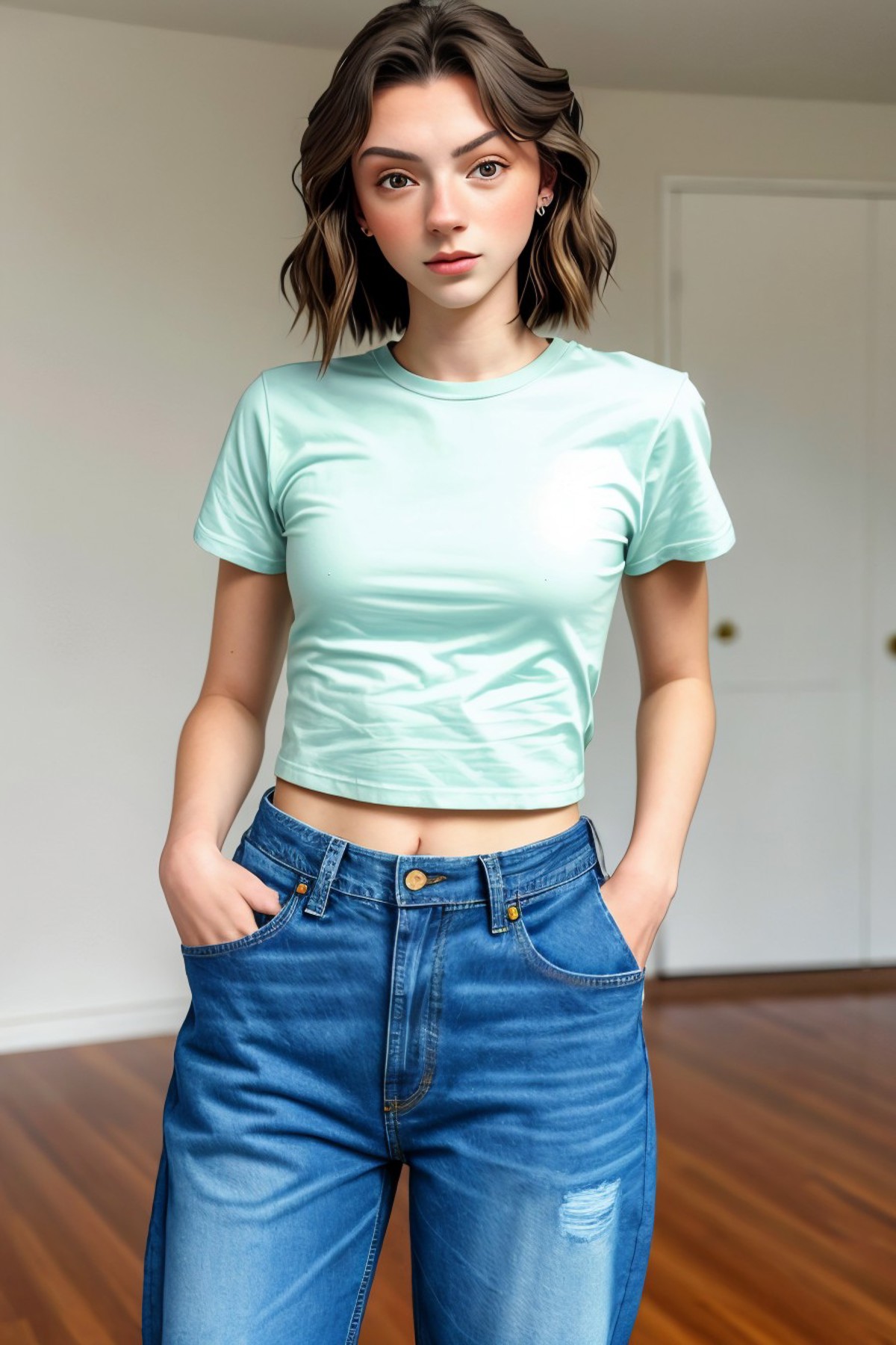 Green crop top barely hide her curves