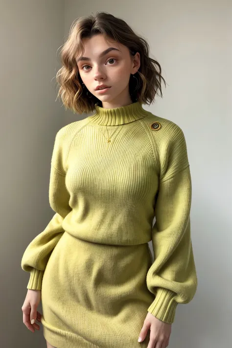 upper-body of realistic photo of <lora:sd15_SavannahRaeDemers_locon_64_v1-000006:1> SavannahRaeDemers, focus on face, wearing a sweater dress , her light lemon hair is styled as curly shag hair,