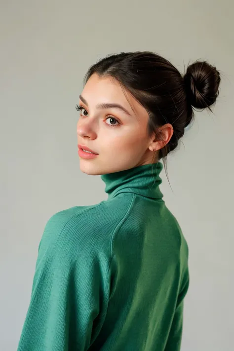 close range of realistic photo of <lora:sd15_SavannahRaeDemers_locon_64_v1-000006:1> SavannahRaeDemers, focus on face, from behind wearing a turtleneck , her hair is styled as Straight Low Bun,