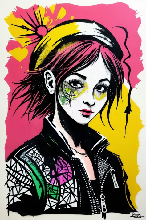 (stencil art style, bold, urban, Banksy style, detailed:1.15), <lora:sd15_SavannahRaeDemers_locon_64_v1-000006:1> SavannahRaeDemers, ink splash, colorful, zentangle