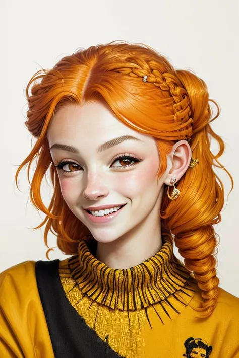stencil art style, bold, urban, Banksy style, detailed <lora:SavannahRaeDemers_v1:1> SavannahRaeDemers, focus on eyes, close up on face, laughing, color yellow-orange hair styled braided updo hair