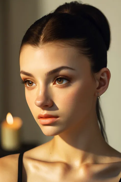 breathtaking, award-winning, professional, highly detailed, realistic photo of <lora:sd15_SavannahRaeDemers_locon_64_v1-000006:1> SavannahRaeDemers, focus on eyes, close up on face, pouting, wearing jewelry, flame color hair styled as Straight Sleek High Ponytail, candlelight