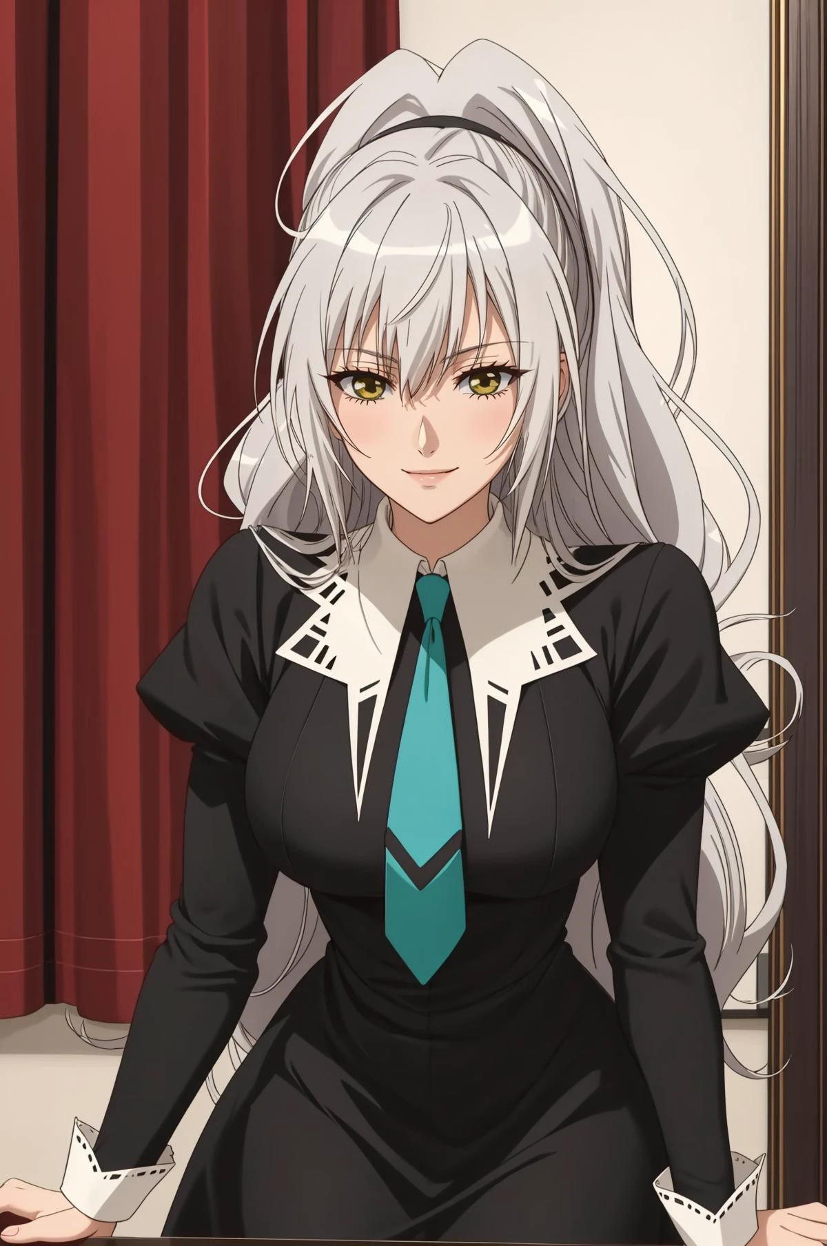 masterpiece, best quality, looking at viewer, mature female, large breasts, smirk, <lora:Kizuki - Strawberry Panic - Hanazono Shizuma:0.8> hanazono shizuma, silver hair, very long hair, bangs, ponytail, green eyes, golden eyes, black dress, necktie, schooloutfit1, juliet sleeves, long sleeves