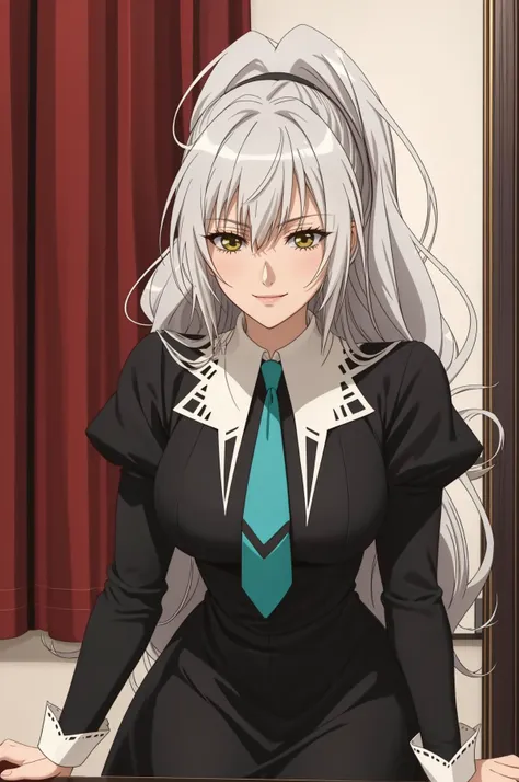 masterpiece, best quality, looking at viewer, mature female, large breasts, smirk, <lora:Kizuki - Strawberry Panic - Hanazono Shizuma:0.8> hanazono shizuma, silver hair, very long hair, bangs, ponytail, green eyes, golden eyes, black dress, necktie, schooloutfit1, juliet sleeves, long sleeves