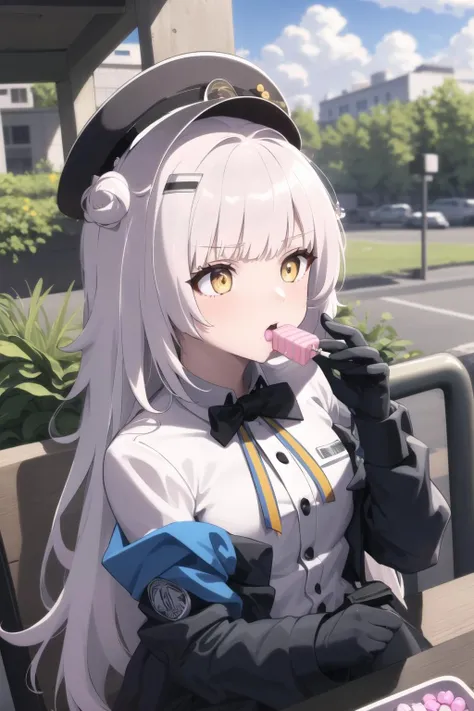 Young girl with grey hair, ((fringed and curly hair)),((curly short twintail)), curly hair ,(red eyes),, ((small bushy eyebrows)), wearing gothic lolita clothing, lolicon ,  to school, bored look, bored face,, girl sucking penis cum bubbling out her mouth, in a street, girl giving a deepthroat blowjob to male, multiple vignettes
