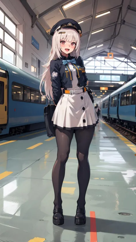 1girl, solo, soline \(nikke\),long hair, happy, open mouth, smile, <lora:soline_nikke:1>, train station, indoors, working, full body, arms behind back, blush,