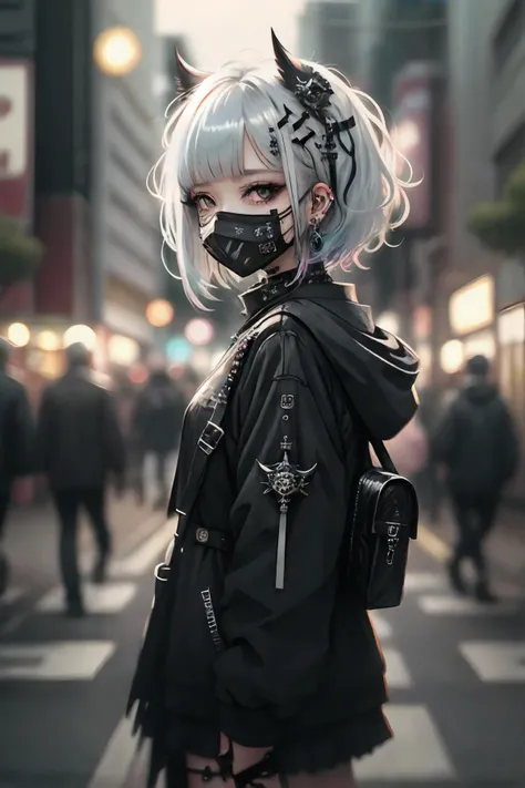 goth_punk, 1girl, solo, medium shot, walking in harajuku, ((night time)), bokeh, neon light, iridescent eyes, starry sky, white shimmer hair, white eyebrow, glowing hair, (iridescent white hair), earrings, bangs, jewelry, mask, blunt bangs, green eyes, mouth mask, blurry background, blurry, hair ornament, looking at viewer, short hair, portrait, sidelocks, <lora:Gothpunk:1>