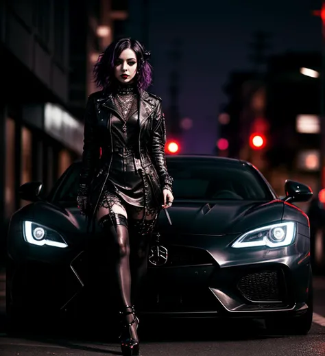 Masterpiece, photorealistic, Good Quality, woman exiting a luxury sports car, night, city street, <lora:more_details:0.8> <lora:Gothpunk:0.8> Goth_punk, gothpunk, high heels, purple lipstick,