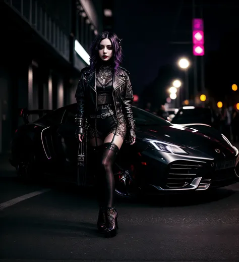 Masterpiece, photorealistic, Good Quality, woman exiting a luxury sports car, night, city street, <lora:more_details:0.8> <lora:Gothpunk:0.8> Goth_punk, gothpunk, high heels, purple lipstick,