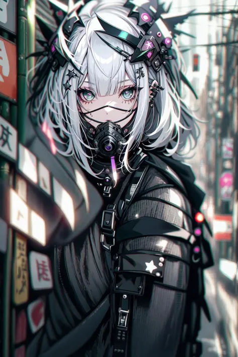 goth_punk, 1girl, solo, medium shot, walking in harajuku, ((night time)), bokeh, neon light, iridescent eyes, starry sky, white shimmer hair, white eyebrow, glowing hair, (iridescent white hair), earrings, bangs, jewelry, mask, blunt bangs, green eyes, mouth mask, blurry background, blurry, hair ornament, looking at viewer, short hair, portrait, sidelocks <lora:Gothpunk_V2:1>