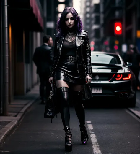 Masterpiece, photorealistic, Good Quality, woman exiting a luxury sports car, night, city street, <lora:more_details:0.8> <lora:Gothpunk:0.8> Goth_punk, gothpunk, high heels, purple lipstick,