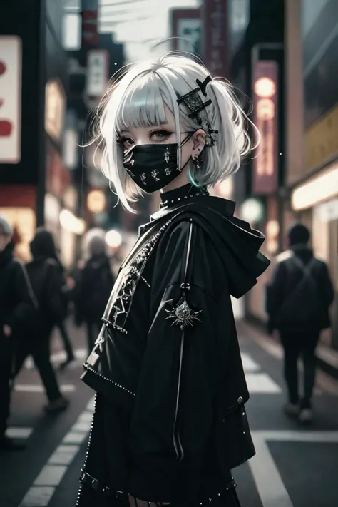 goth_punk, 1girl, solo, medium shot, walking in harajuku, ((night time)), bokeh, neon light, iridescent eyes, starry sky, white shimmer hair, white eyebrow, glowing hair, (iridescent white hair), earrings, bangs, jewelry, mask, blunt bangs, green eyes, mouth mask, blurry background, blurry, hair ornament, looking at viewer, short hair, portrait, sidelocks, <lora:Gothpunk:1>