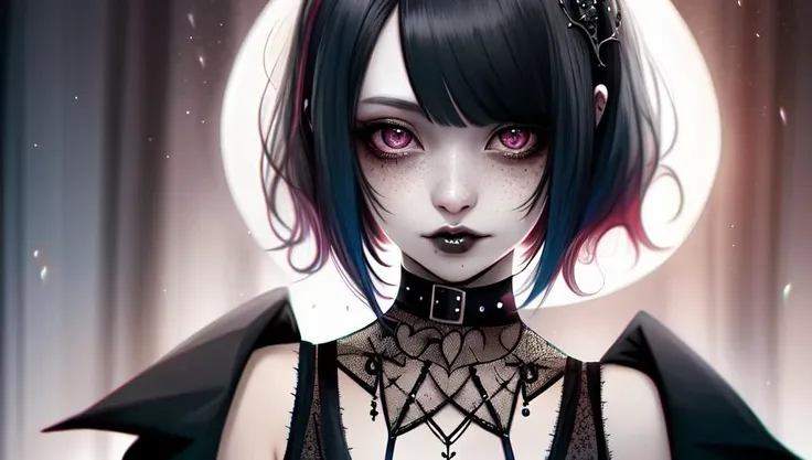 Santa goth milf, ear piercing, goth, gothic, sexy, christmas outfit, pale skin, pale blue eyes, short hair, black hair, black lipstick, close up