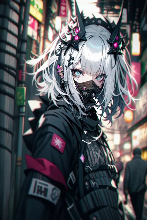 goth_punk, 1girl, solo, medium shot, walking in harajuku, ((night time)), bokeh, neon light, iridescent eyes, starry sky, white shimmer hair, white eyebrow, glowing hair, (iridescent white hair), earrings, bangs, jewelry, mask, blunt bangs, green eyes, mouth mask, blurry background, blurry, hair ornament, looking at viewer, short hair, portrait, sidelocks <lora:Gothpunk_V2:1>