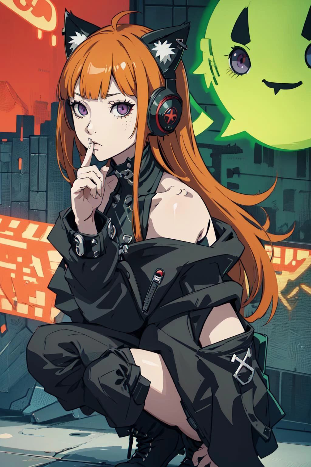1 girl, upper body portrait, squatting, looking at viewer, contrapposto, very long sleeves,<lora:dsfutaba-v2:0.8> dsfutaba, ((orange hair, green parka, bare shoulders,big alien cat ear headphones,)) long hair, blunt bangs, ahoge, purple eyes, glasses, <lora:Gothpunk:0.8> Goth_punk, punk, emo, goth, intricate black accessories, black piercings, midriff, leggings, combat boots, black piercings, hair accessories, intricate tattoos, stoic, stark, sharp contrast, hand to mouth, finger to mouth, shushing, shushing motion, <lora:Saya-shushing:.2>, Masterpiece, high quality, 8k, sharp focus, beautiful, perfect lighting, beautiful eyes, anatomically correct, anatomically correct face, extremely detailed eyes, RAW image, smooth edges, beautiful face, symmetrical eyes, symmetrical face