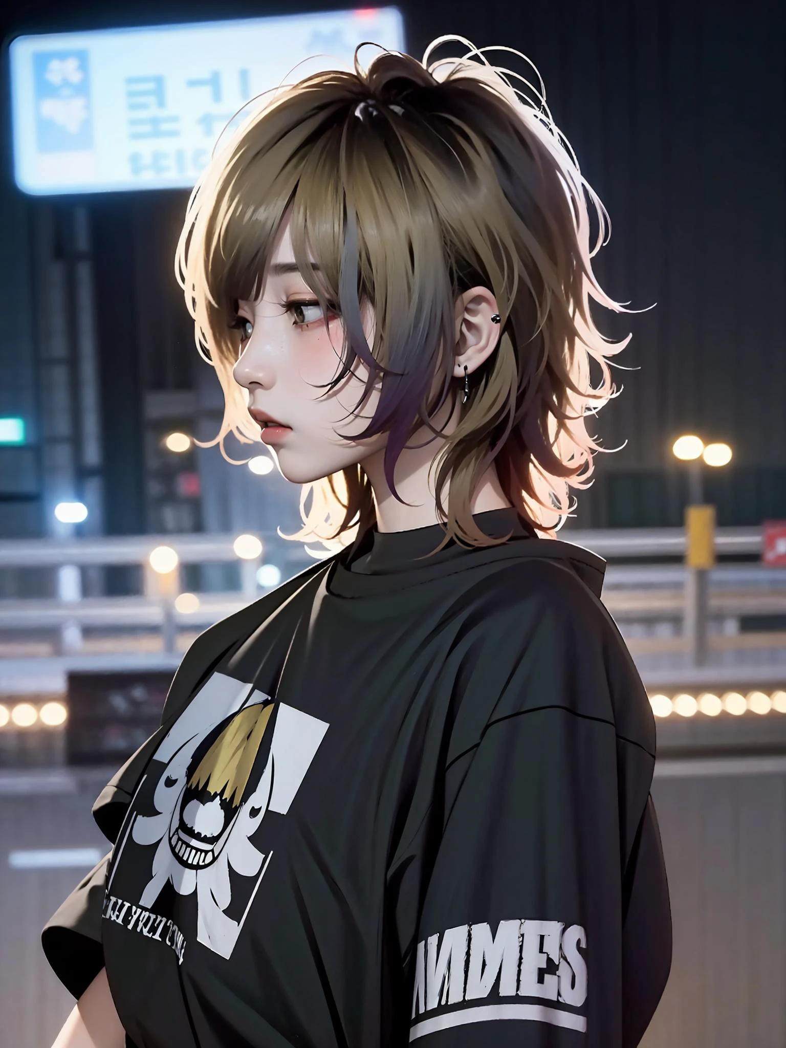 (tight meduim shot), 1girl, solo, short hair, black hair, (korean wolf cut) + (blone dyed hair) + (bangs), (punk), black t-shirt, oversize t-shirt, <lora:DipDyedHair:1>, blonde IncursioDipDyedHair, <lora:wolf_cut:1>, wolf_cut, tired look, looking at viewer, cigarette, night city, lights in the night, profile shot, <lora:add_detail:-0.5>, <lora:Gothpunk:0.5>