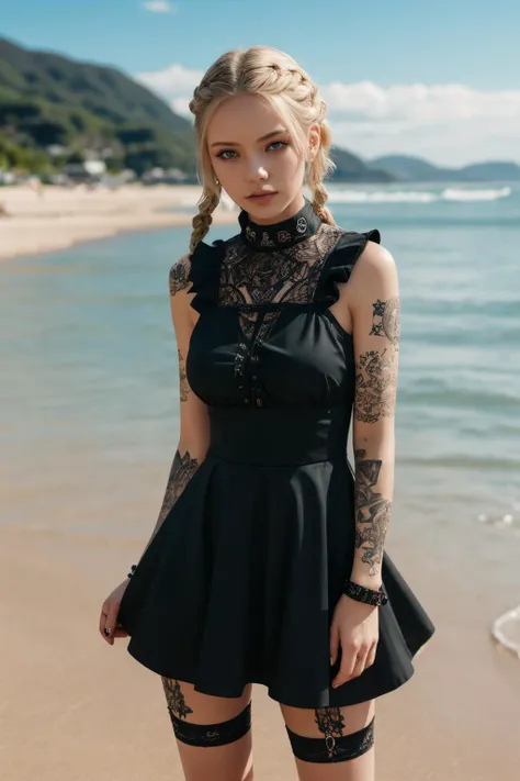 masterpiece, best quality, highres, detailed, intricate details, dutch angle, bad-girl, solo, goth girl, irezumi style, tatoo, 1girl, medium breast, slim body, perfect body, youth, bright blue eyes, short hair, blonde hair, braided hair, black frilled dress, black armbands, intricate pattern on clothes, beach background, standing, looking at viewer, hand on hip, <lora:Gothpunkgirl:0.7>,